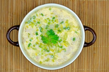 Homemade steamed egg (Egg custard) with minced pork and spring onions.