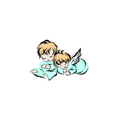 Pair cheerful little angels. Biblical heavenly symbol of man with wings. Decor for greeting retro cards for Christmas, Easter and other religious holidays. 
