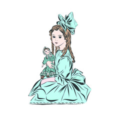 Princess with doll. Girl dressed in blue ball gown, hear bow. Lady in vintage style from the nineteenth century. 