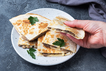Pieces of quesadilla with mushrooms sour cream and cheese on a plate with parsley leaves. Concrete background close up.