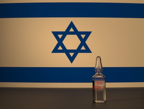 COVID 19 Virus Vaccine Against The Backdrop Of The Israel Flag. Close-up.