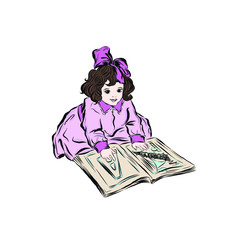 Preschool girl reading a book. Child in retro style sitting on the floor. Lady dressed in dress with pink cuffs and a collar and a pink bow on her head. Drawing for coloring. 