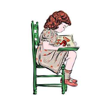 recommend clip art: Girl reading book and eating an apple sitting on wooden chair. Schoolgirl teaches lessons. 