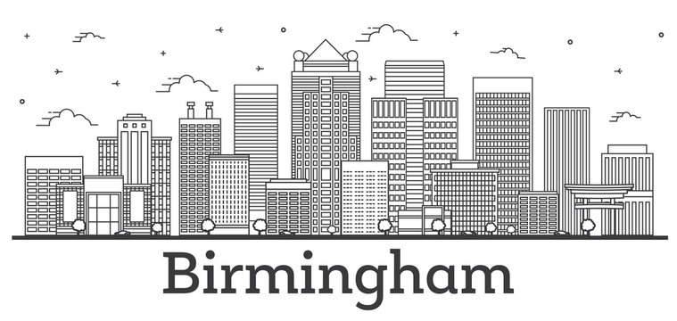 Outline Birmingham Alabama City Skyline with Modern Buildings Isolated on White.