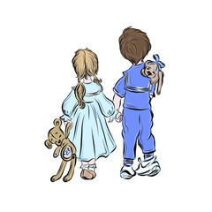 Boy and girl stand together back and holding hands. Brother and sister. Children hold stuffed toys. Drawing for coloring. 