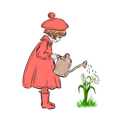 Little gardener watering bouquet of lilies.  Girl dressed in orange dress, cap, rubber boots holds watering can with water.