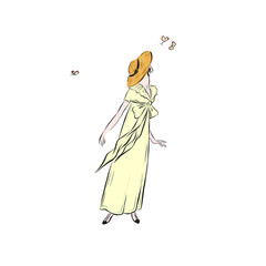 Woman in straw hat catches butterflies. Lady in vintage style.