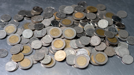 Thai baht coins. Coins of Thailand. Many of Thai baht coins background with space