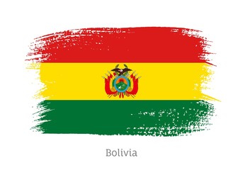 Bolivia republic official flag in shape of paintbrush stroke. Bolivian national identity symbol for patriotic design. Grunge brush blot vector illustration. Bolivia country nationality sign.