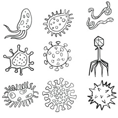 Collection of virus and germs. Hand drawn illustration on isolated white background.