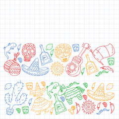 Fototapeta premium Travel to Mexico. Vector set with ethnic elemets for wallpapers, backgrounds. Day of the Dead