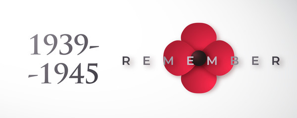 World War II commemorative banner with poppy flower. May 8th. Remembrance day vector design.