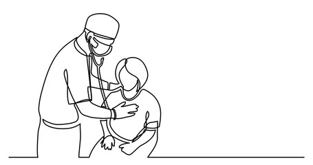 continuous line drawing of woman doctor in protective mask checking patient with stethoscope