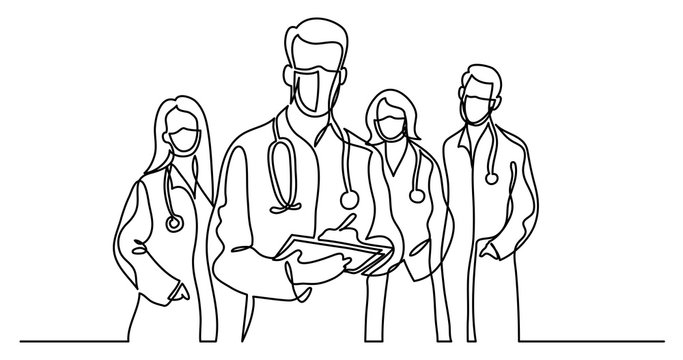 continuous line drawing of standing healthcare professionals team in protective masks