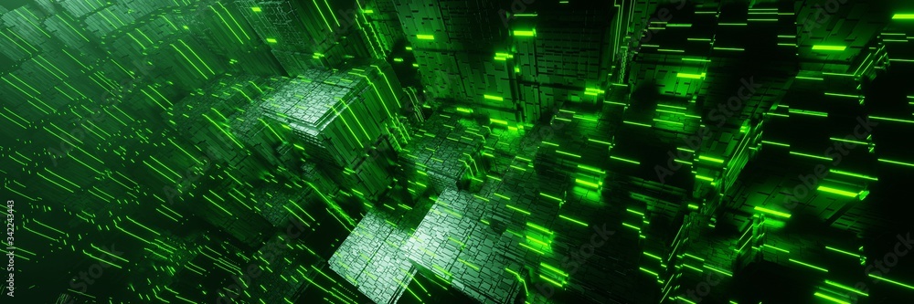 Poster sci-fi city futuristic stream data communication flying digital technologic tunnel panorama animatio