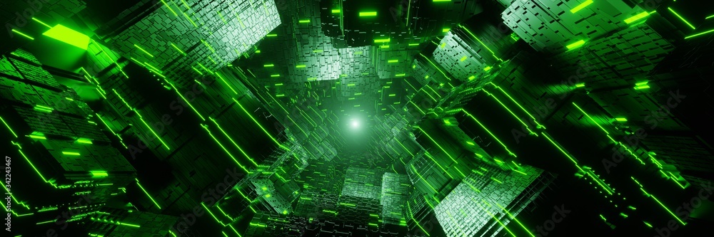 Poster sci-fi city futuristic stream data communication flying digital technologic tunnel panorama animatio