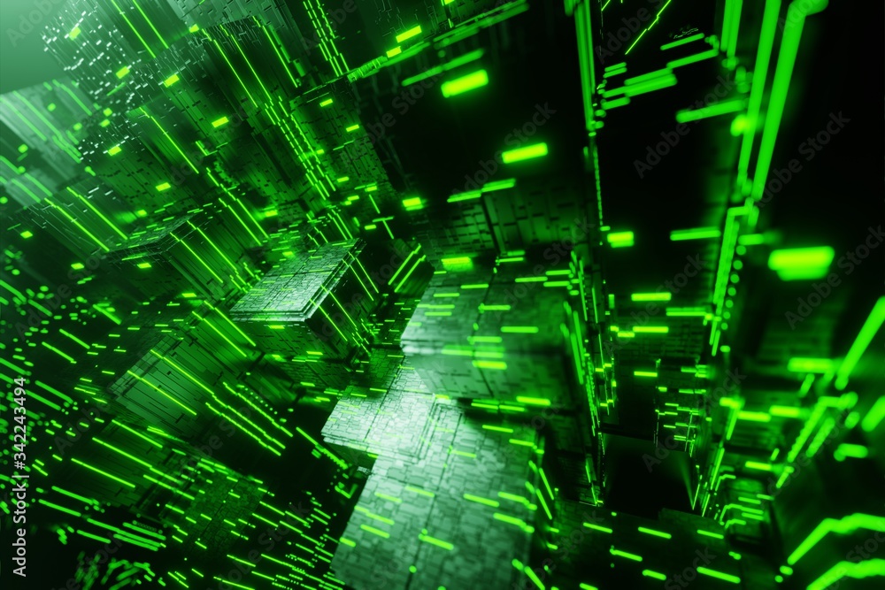 Poster sci-fi city futuristic stream data communication flying into digital technologic tunnel animation 3d