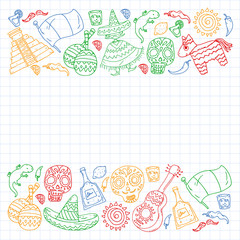Travel to Mexico. Vector set with ethnic elemets for wallpapers, backgrounds. Day of the Dead