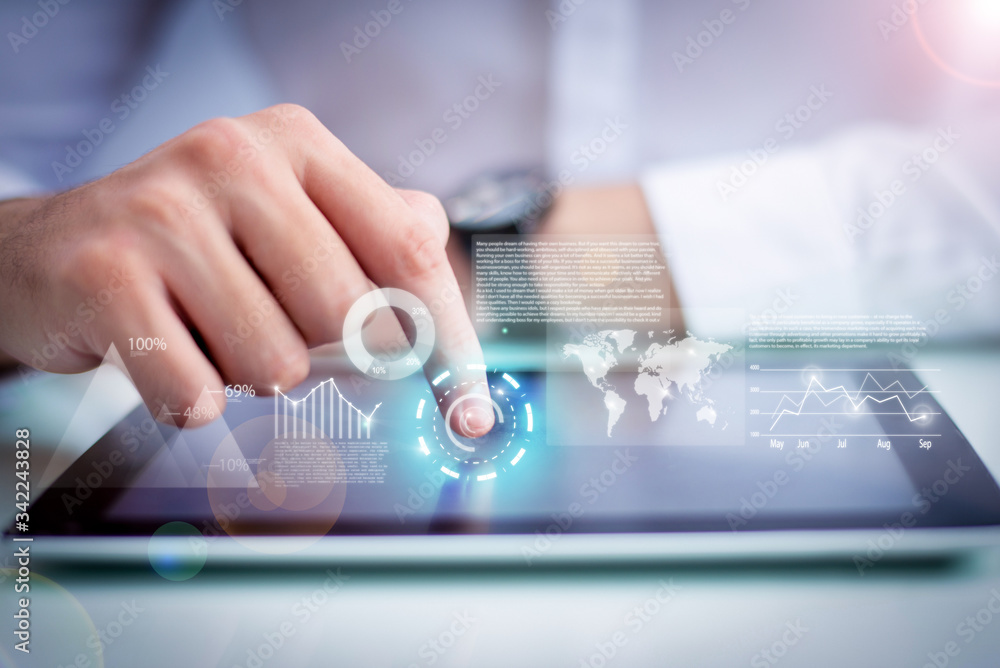 Poster closeup of person touching tablet and virtual statistic graphics. man browsing on digital device. te