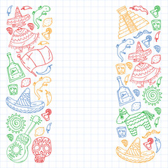 Travel to Mexico. Vector set with ethnic elemets for wallpapers, backgrounds. Day of the Dead