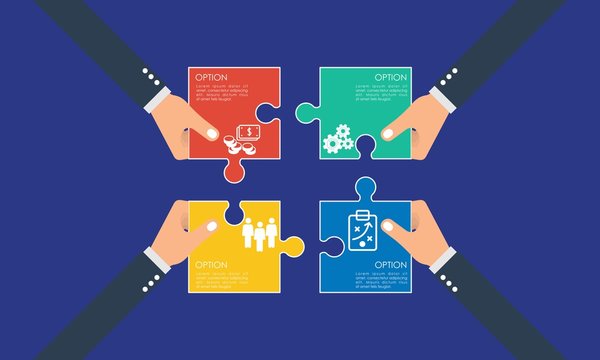 Business hands planning infographic. Find a solution with puzzle symbol. Connecting with puzzle elements. Vector illustration flat design style