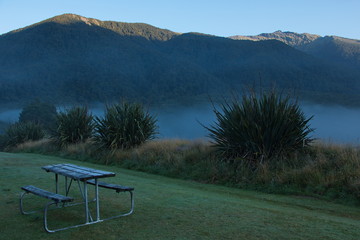 Sunrise in Cameron Flat Campsite in Otago on South Island of New Zealand
