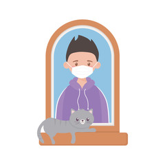 stay at home, young man with mask and cat in the window