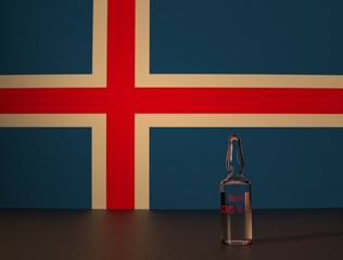COVID 19 virus vaccine against the backdrop of the Iceland flag. Close-up.