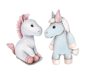 Watercolor illustration of two cute cartoon ponies sitting. Hand drawn, isolated.