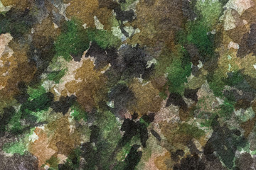 Abstract art background dark green and black colors. Watercolor painting on canvas with olive spots and gradient.