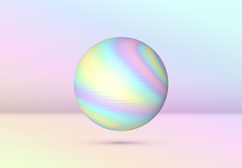 Vibrant colored vaporwave styled abstract ball shape with holographic texture on violet and pink background