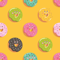Happy donut on yellow background. Funny pattern.