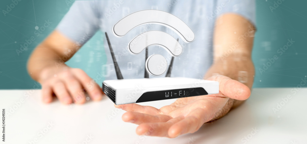 Poster businessman holding a wifi router and data - 3d rendering