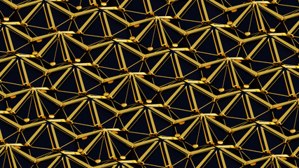 Abstract 3D background with fantasy luxury pattern structure of black triangular polygons, golden pucks, wires and lines. 3D illustration