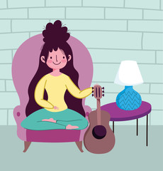 woman sitting with guitar, quarantine stay at home