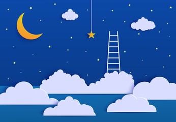 White ladder to pick the star above cloud in paper cut style. Papercut night landscape climbing on ladder to sky and trying to catch dream star. Follow your dreams vector motivational poster concept.