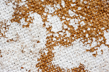 Closeup texture of a roughly painted white and light green canvas lying on a wooden surface....