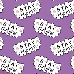 Zelfklevend Fotobehang Stay home, stay safe - hand vector lettering on theme of quarantine, self protection times and coronavirus prevention in hand drawn style. Seamless pattern for social media, sites, flyers, web © Iuliia