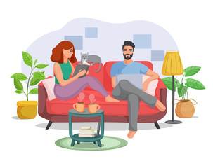 Young man and woman are sitting on the couch. Daily family life, common rest, spending time. Flat vector illustration.