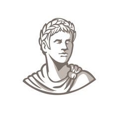 Mascot icon illustration of bust of an ancient Roman emperor, senator or Caesar, ruler of the Roman Empire during the imperial period wearing crown of laurel leaves on isolated background retro style. - obrazy, fototapety, plakaty