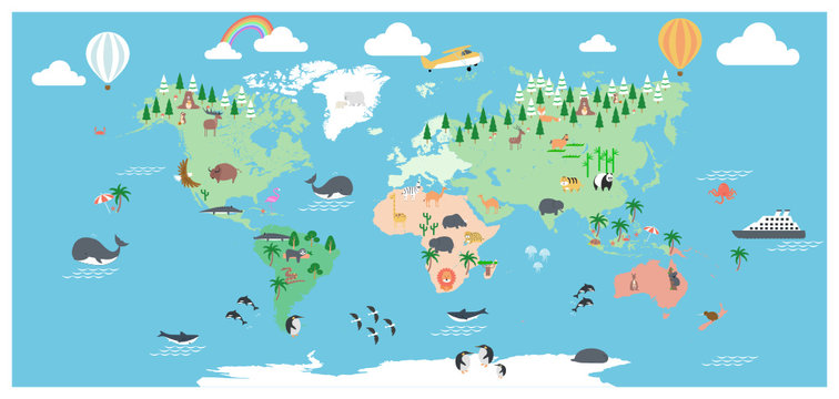 The world map with cartoon animals for kids, nature, discovery, ocean. vector Illustration. © Nikhom