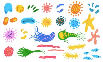 Microorganism, bacteria, virus cell doodle set. Colorful bright germs,  microscopic organisms collection
