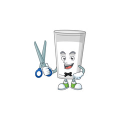 Cute Barber glass of milk cartoon character style with scissor
