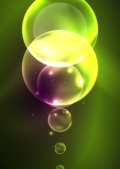 Glowing neon shiny transparent bubbles, glass circles or bio cell concept. Techno futuristic vector abstract background For Wallpaper, Banner, Background, Card, Book Illustration, landing page