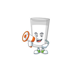 A picture of glass of milk cartoon design style speaking on a megaphone