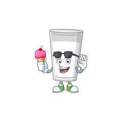 Cute glass of milk cartoon character enjoying an ice cream