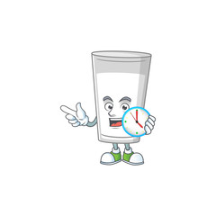 Glass of milk mascot design concept holding a circle clock