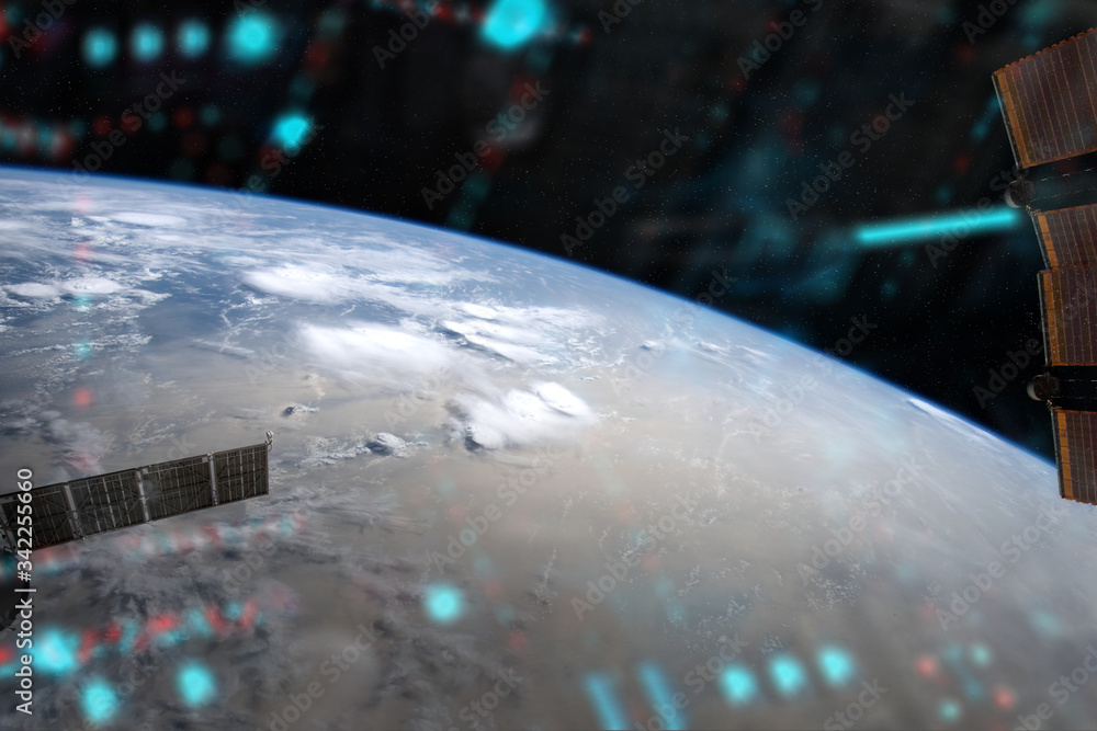 Poster view of planet earth from a space station window during a sunrise 3d rendering elements of this imag