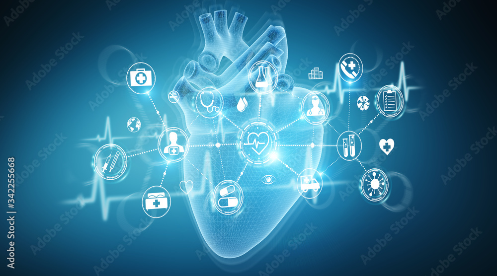 Poster digital x-ray of human heart holographic scan projection 3d rendering