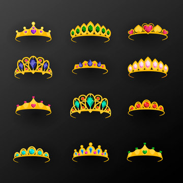 Crown vector icons set. Flat princess tiara collection